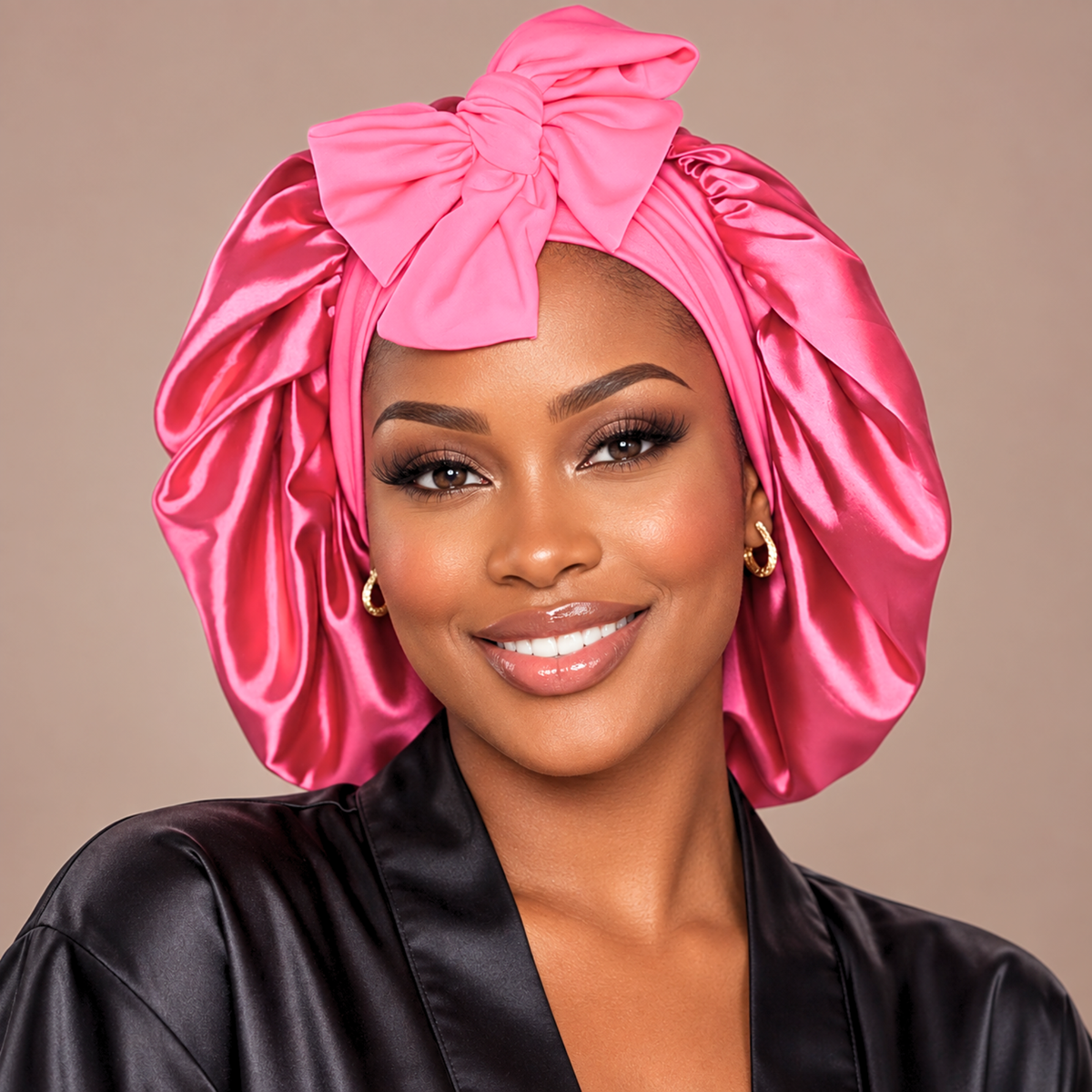 Front view of a large hot pink satin bonnet with matching bow