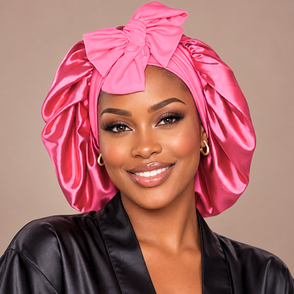 Front view of a large hot pink satin bonnet with matching bow