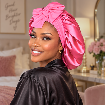 Side view of a large hot pink satin bonnet with matching bow in a bedroom