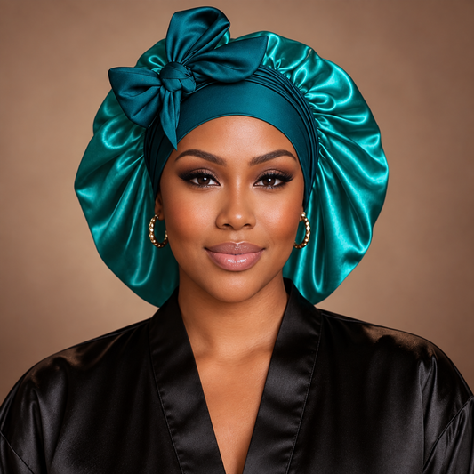 Teal Green silk-blend satin bonnet with stretch ties, large size – front view with matching bow, worn with a black satin robe
