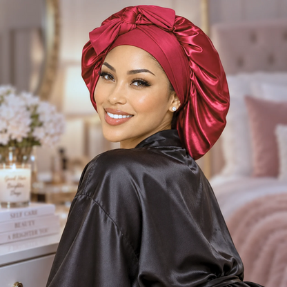Side view of a large burgundy satin bonnet worn with a black robe