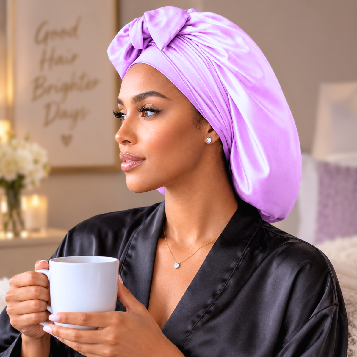 Side view of a lilac satin bonnet worn by a woman holding a white mug