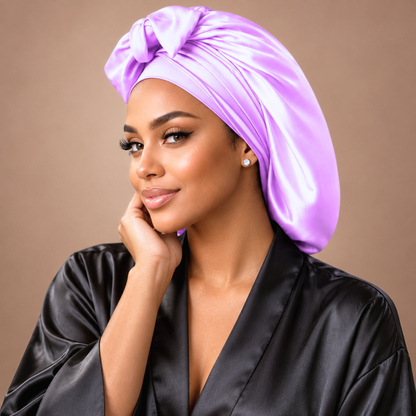 Lilac satin bonnet and matching band shown in a studio portrait