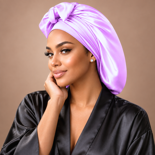 A woman wearing a shiny lavender / lilac satin turban headwrap and a black satin robe, posing against a solid taupe background.