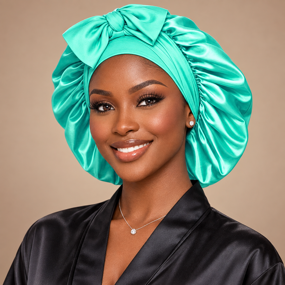 Mint Green silk-blend satin bonnet with stretch ties, large size – front view with matching bow, worn with a black satin robe