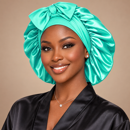Mint Green silk-blend satin bonnet with stretch ties, large size – front view with matching bow, worn with a black satin robe