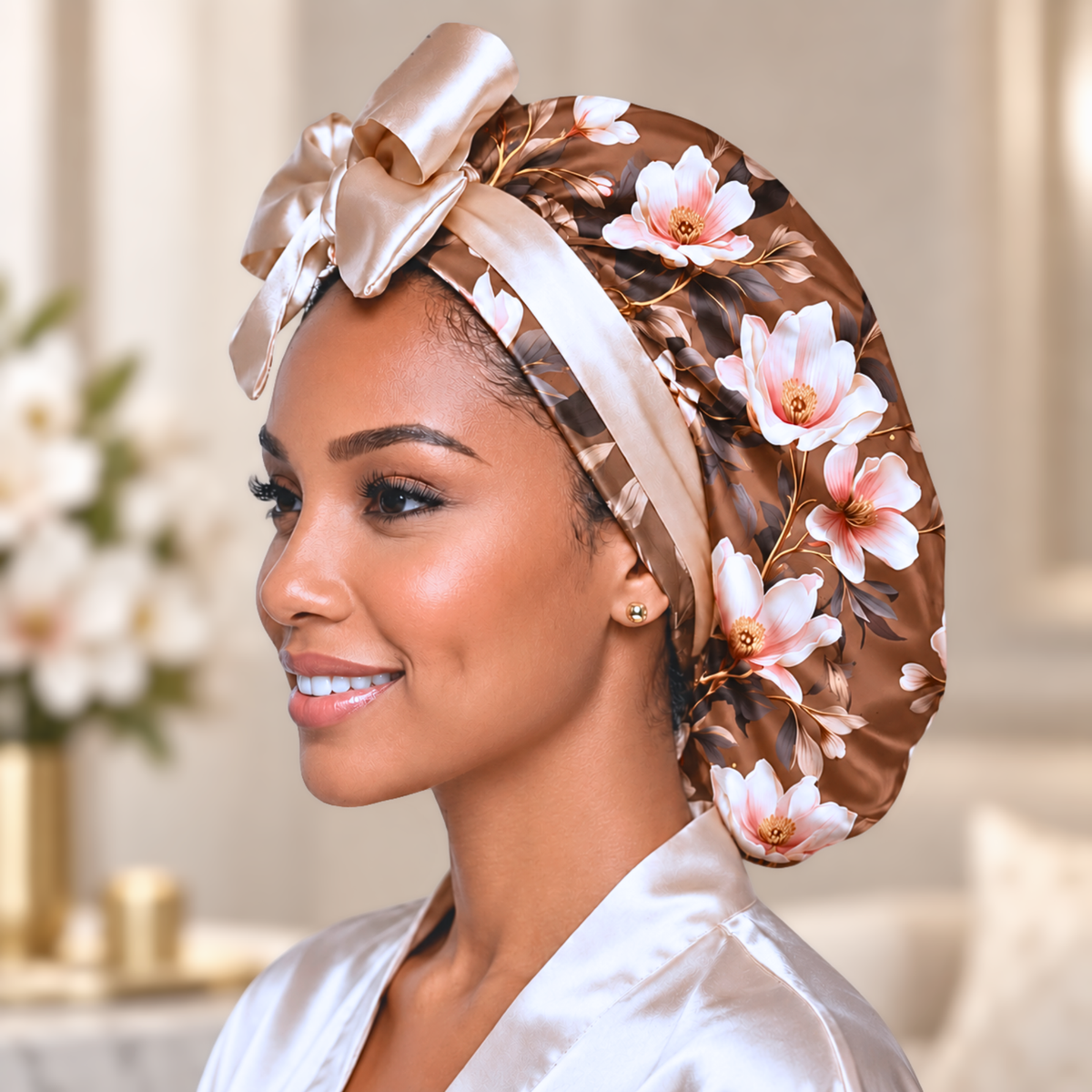 A woman in a white satin robe wearing a brown satin sleep cap with a large bow and pink and white floral print, set against a soft, elegant indoor background.