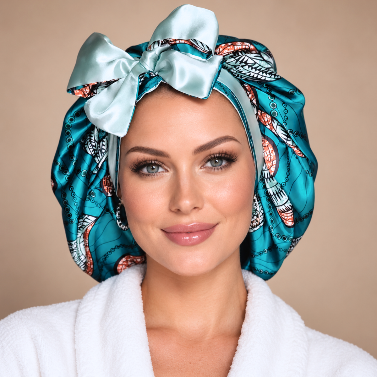 A woman wearing a shiny teal satin hair wrap with a large bow and a white bathrobe, set against a solid beige background.