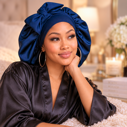 Navy Blue silk-blend satin bonnet with stretch ties, large size – side view, worn by a woman relaxing in a cozy bedroom