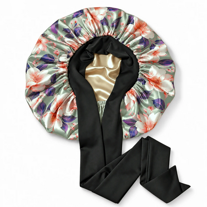 A satin bonnet with a floral print in sage green, white, and coral, featuring a black elastic band and long black satin ties, displayed on a clean white background.