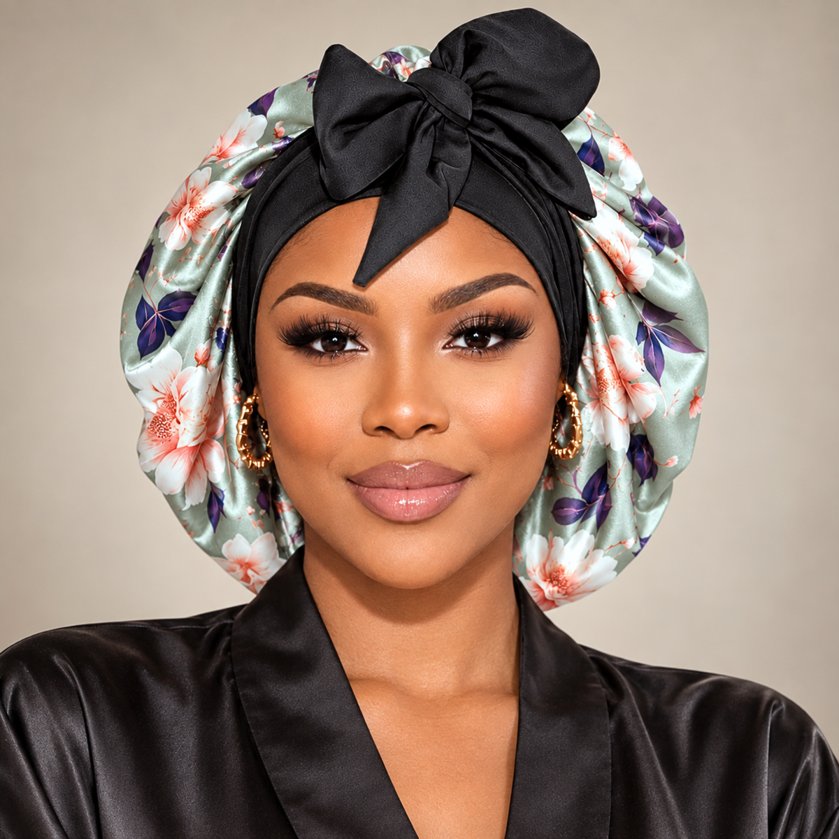 A woman wearing a satin sleep cap with a large black bow and a floral print in sage green, white, and purple, paired with a black satin robe against a neutral beige background.