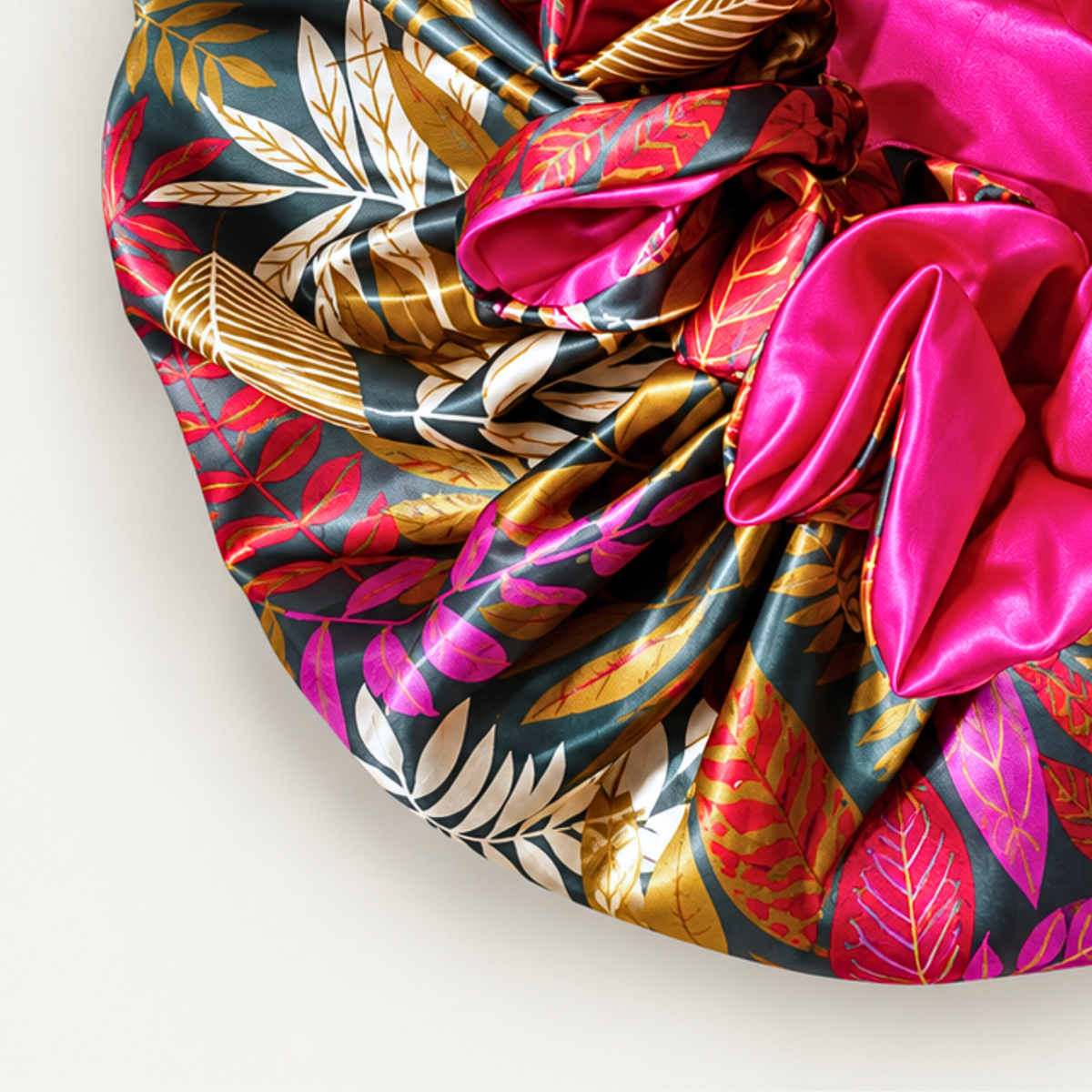 Close-up of the Pink Autumn ruffle satin bonnet with hot pink satin accent