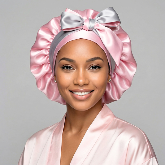 Woman wearing a handmade all satin pink and gray reversible tie bonnet against a gray background.