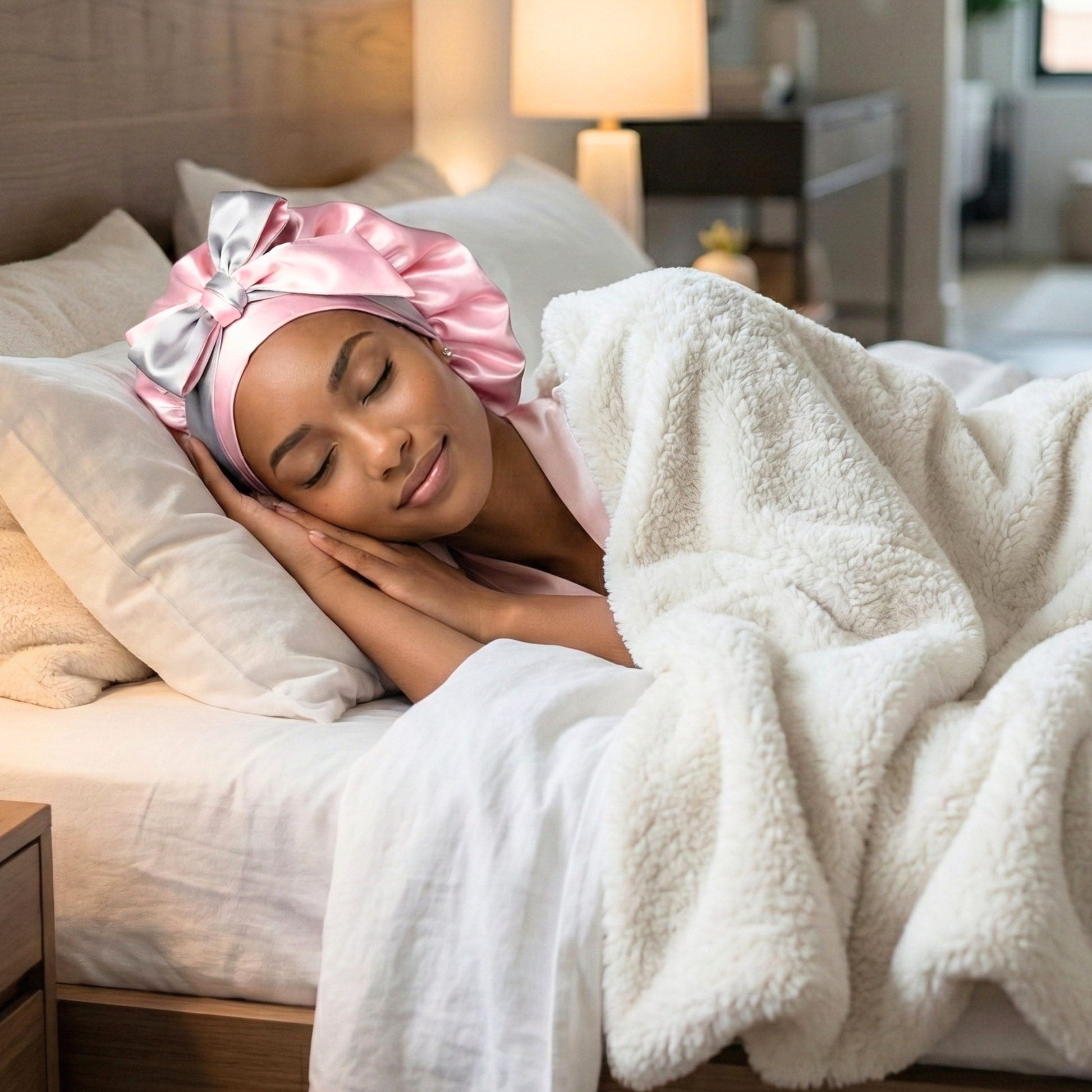 Woman sleeping in bed with a pink and gray reversible all satin hair bonnet snuggled up under a white blanket