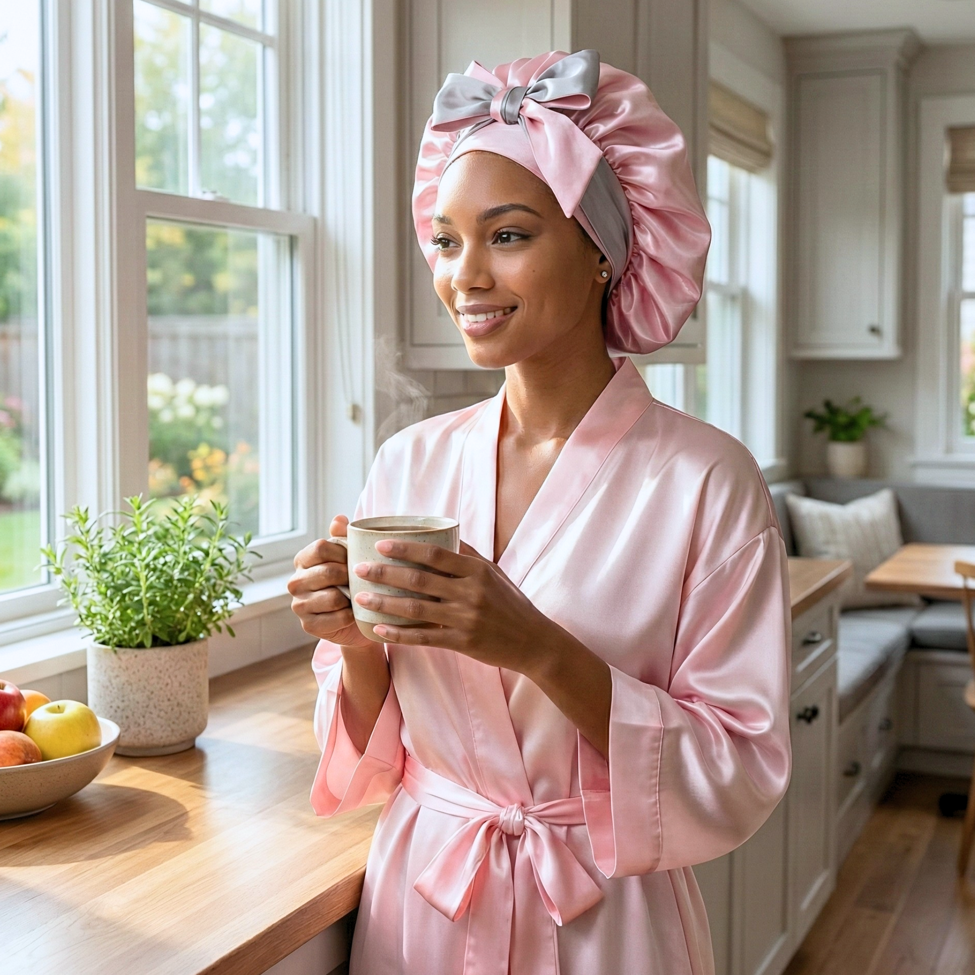 Woman in a pink satin robe and reversible all satin pink and gray hair bonnet holding a mug in a bright kitchen.