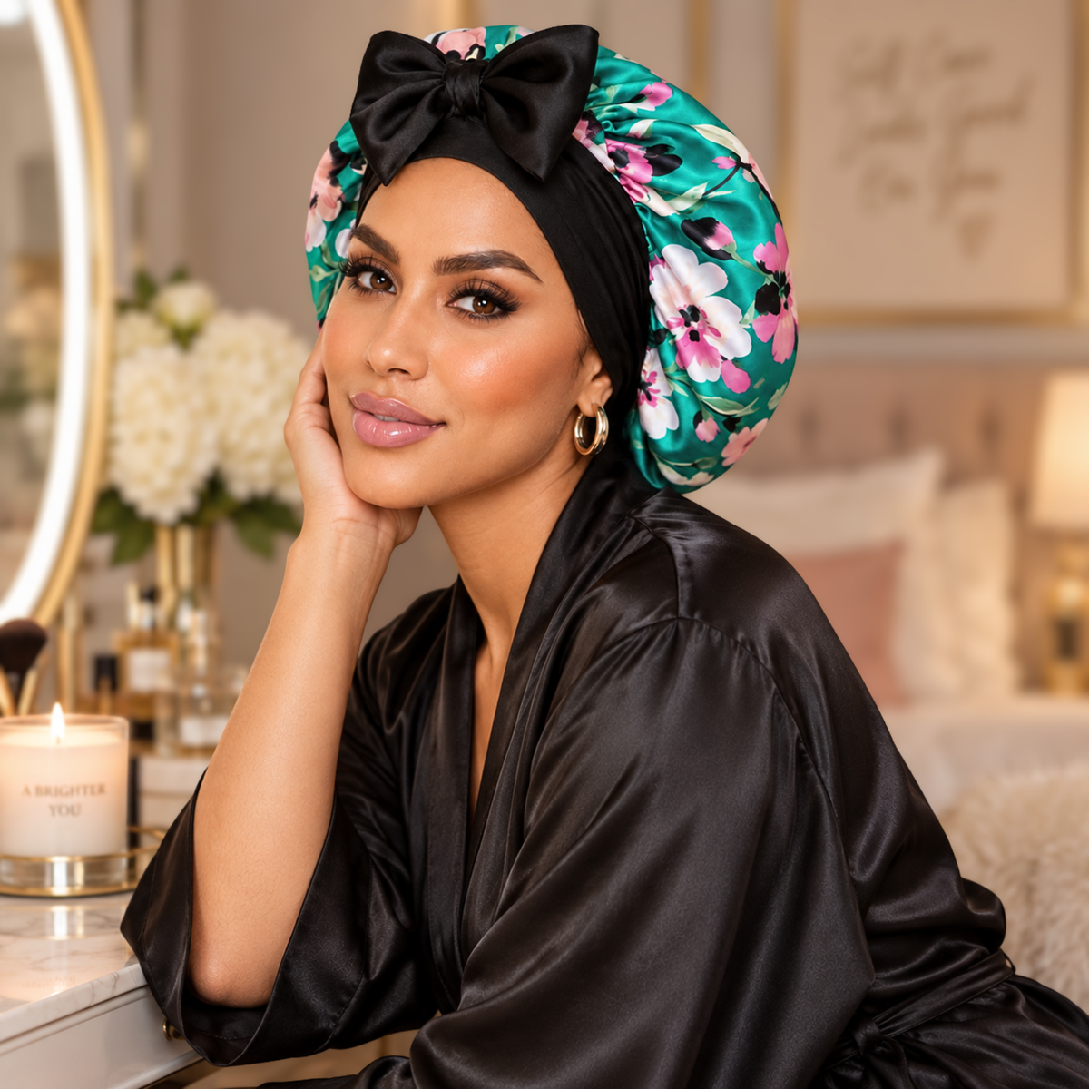 Teal Flowers silk-blend satin bonnet with stretch ties, small size – worn at a vanity, teal satin with pink and white flowers