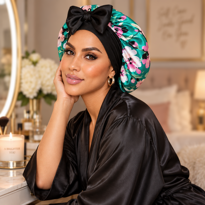 Teal Flowers silk-blend satin bonnet with stretch ties, small size – worn at a vanity, teal satin with pink and white flowers