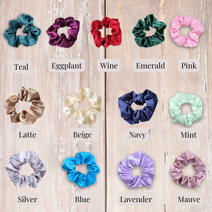 Handmade satin scrunchies in vibrant color teal, eggplant, wine, emerald, latte, beige, pink, navy, mint, silver, blue, lavender, and mauve