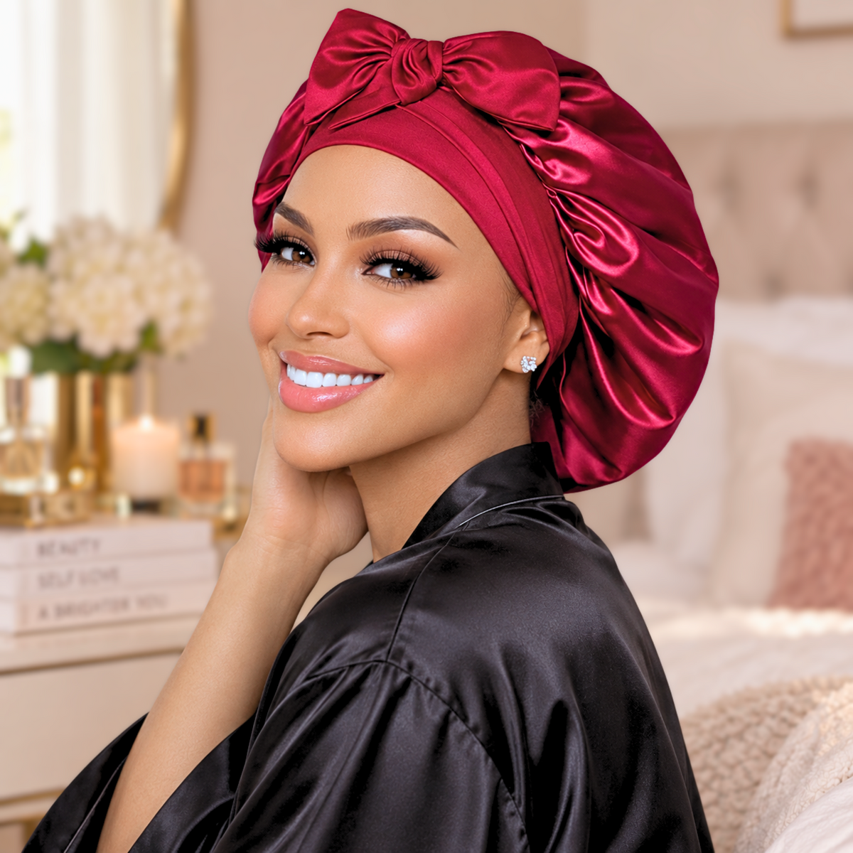 Side view of a burgundy satin bonnet with matching bow in a bedroom