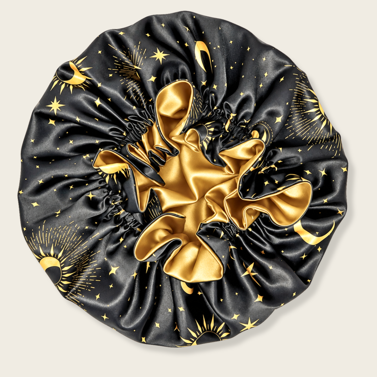 Starry Night ruffle satin bonnet, black with gold celestial print and gold satin bow