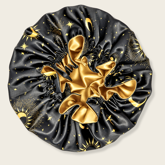 Starry Night ruffle satin bonnet, black with gold celestial print and gold satin bow