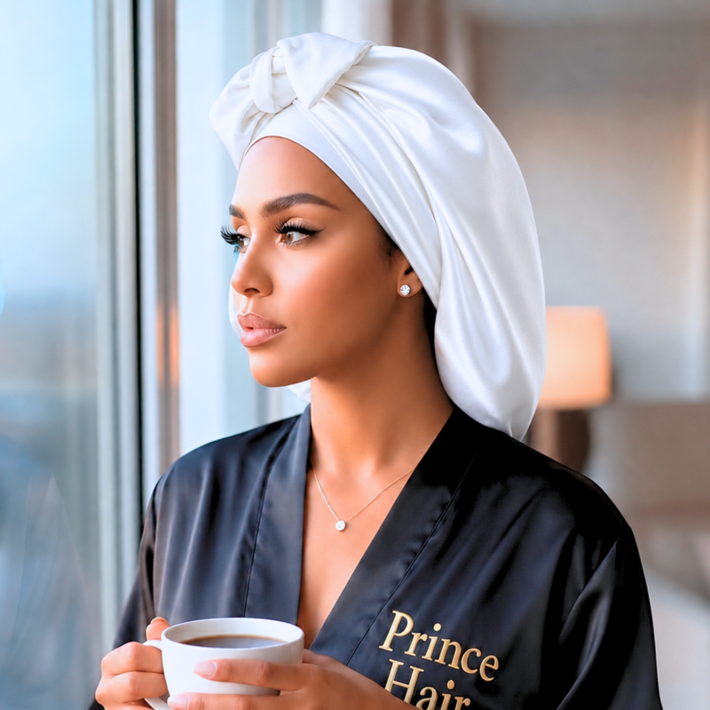 White Original Stretch Tie satin bonnet worn with morning coffee