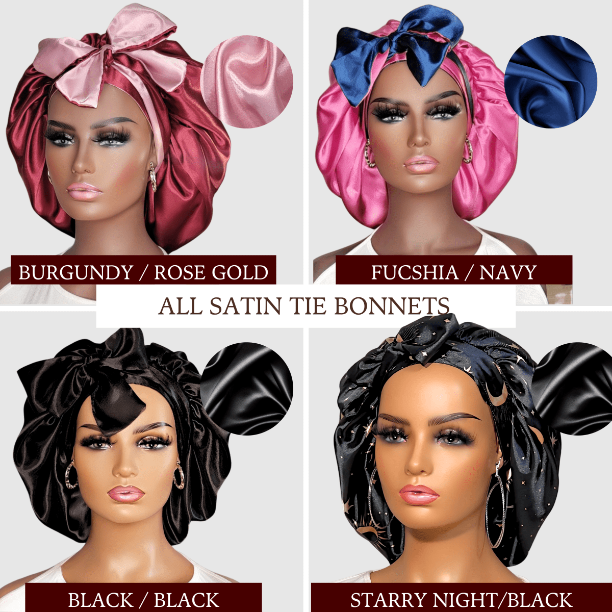 All Satin Reversible Tie Bonnet - PHC