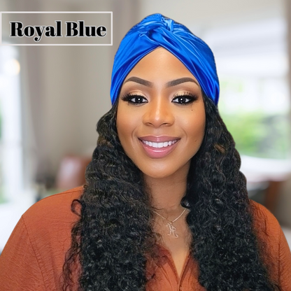 all satin turban beanie, twisted knot satin headwrap, satin hair protection, satin beanie for natural hair, satin-lined headwrap, protective hair turban, stylish satin beanie, satin headscarf for women, chic hair accessories, satin hair wrap for sleeping