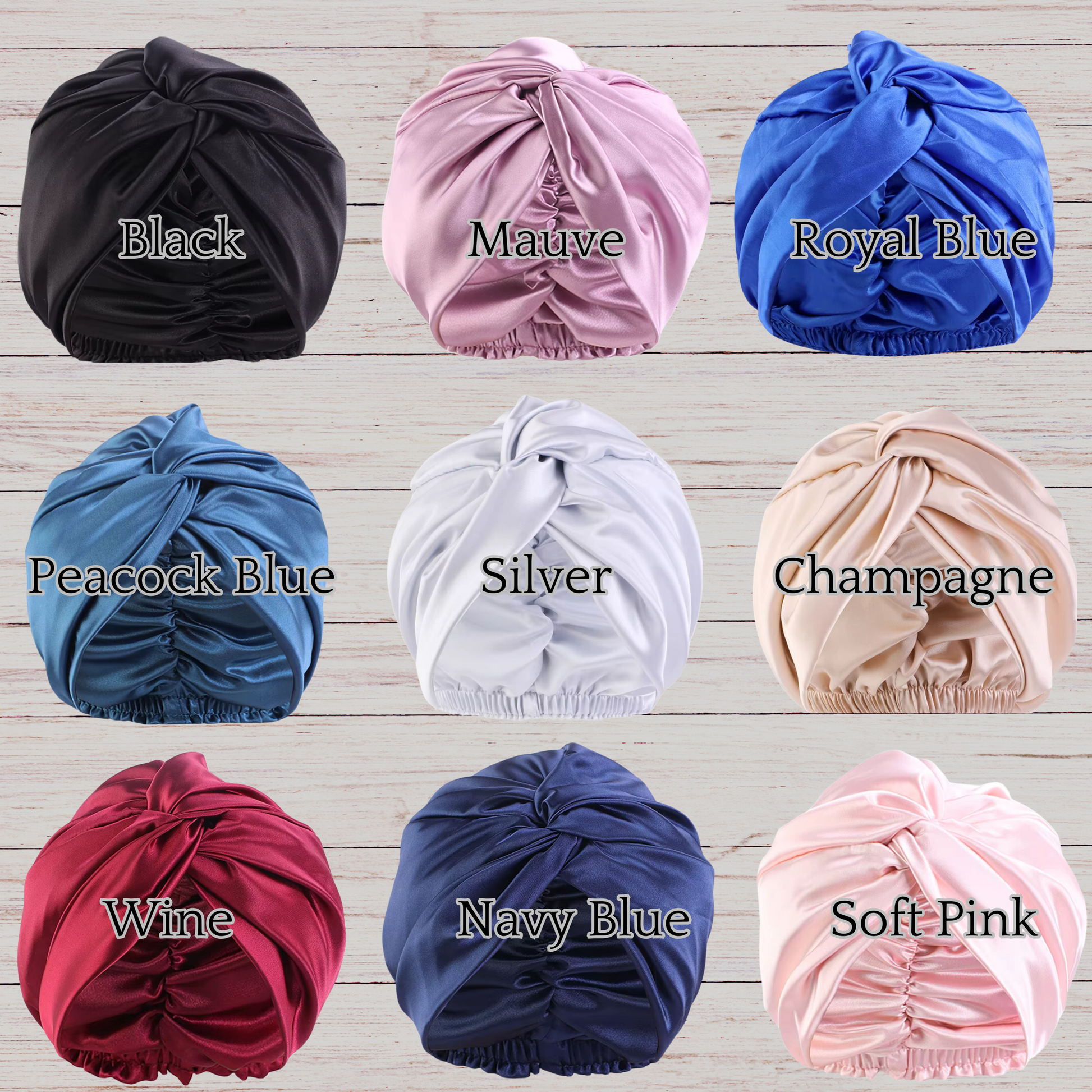 Grid showcasing black, mauve, royal blue, peacock blue, silver, champagne, wine, navy blue, and soft pink satin turbans