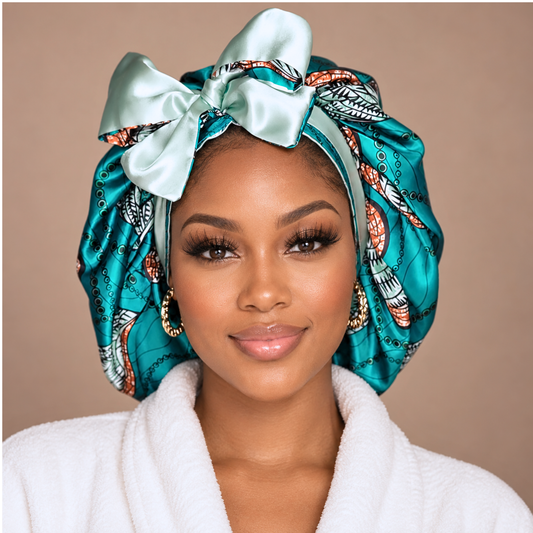 A woman wearing a shiny teal satin hair wrap with a large bow and a white bathrobe, set against a solid beige background.