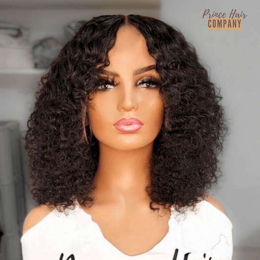 Barbara Brazilian curly bang wig on original mannequin