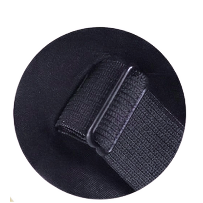 Close-up of the black bonnet's elastic band threaded through a sliding adjuster.