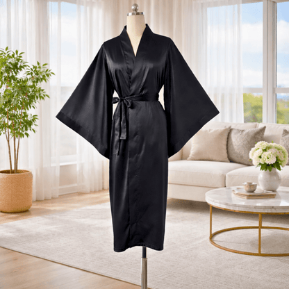 Black Satin Kimono Robe Gift Set with Celestial Print Bonnet, Eye Mask, Scrunchie, Standard & Plus Size, Robe with Pockets - PHC