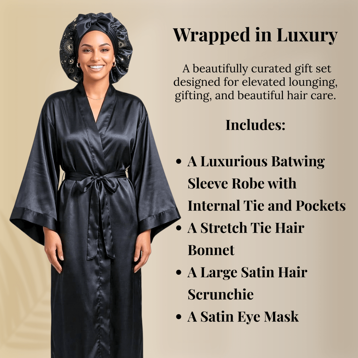Black Satin Kimono Robe Gift Set with Celestial Print Bonnet, Eye Mask, Scrunchie, Standard & Plus Size, Robe with Pockets - PHC