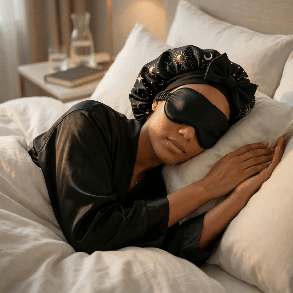 Black Satin Kimono Robe Gift Set with Celestial Print Bonnet, Eye Mask, Scrunchie, Standard & Plus Size, Robe with Pockets - PHC