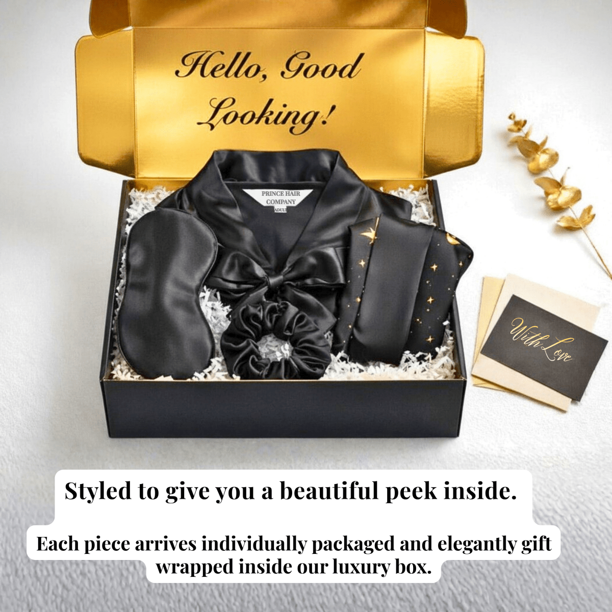 Black Satin Kimono Robe Gift Set with Celestial Print Bonnet, Eye Mask, Scrunchie, Standard & Plus Size, Robe with Pockets - PHC