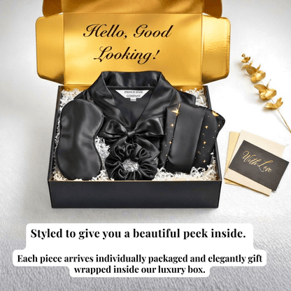 Black Satin Kimono Robe Gift Set with Celestial Print Bonnet, Eye Mask, Scrunchie, Standard & Plus Size, Robe with Pockets - PHC