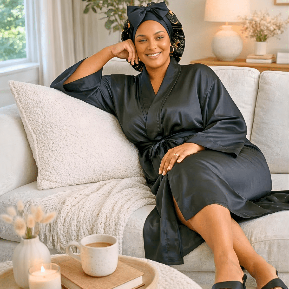 Black Satin Kimono Robe Gift Set with Celestial Print Bonnet, Eye Mask, Scrunchie, Standard & Plus Size, Robe with Pockets - PHC