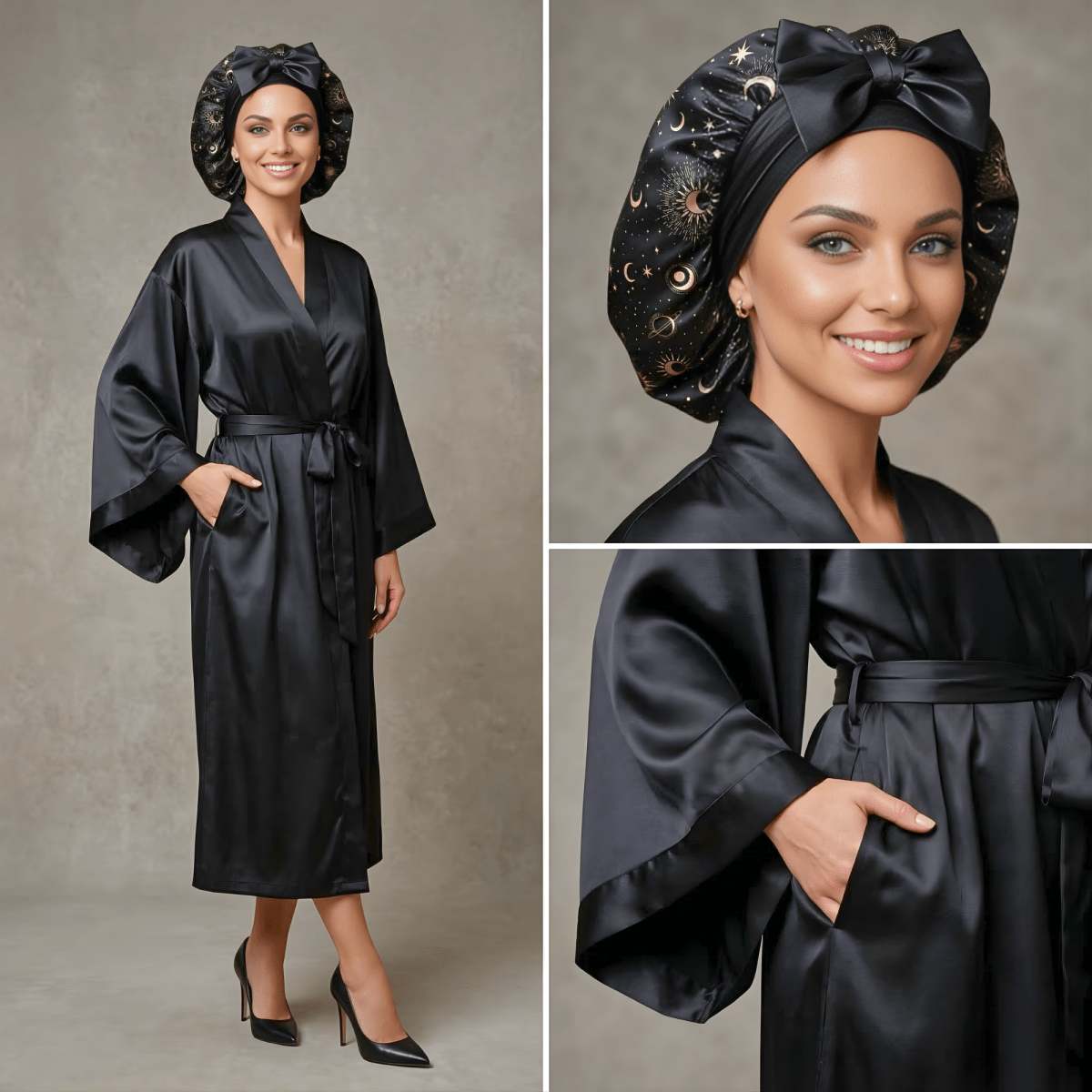 Black Satin Kimono Robe Gift Set with Celestial Print Bonnet, Eye Mask, Scrunchie, Standard & Plus Size, Robe with Pockets - PHC