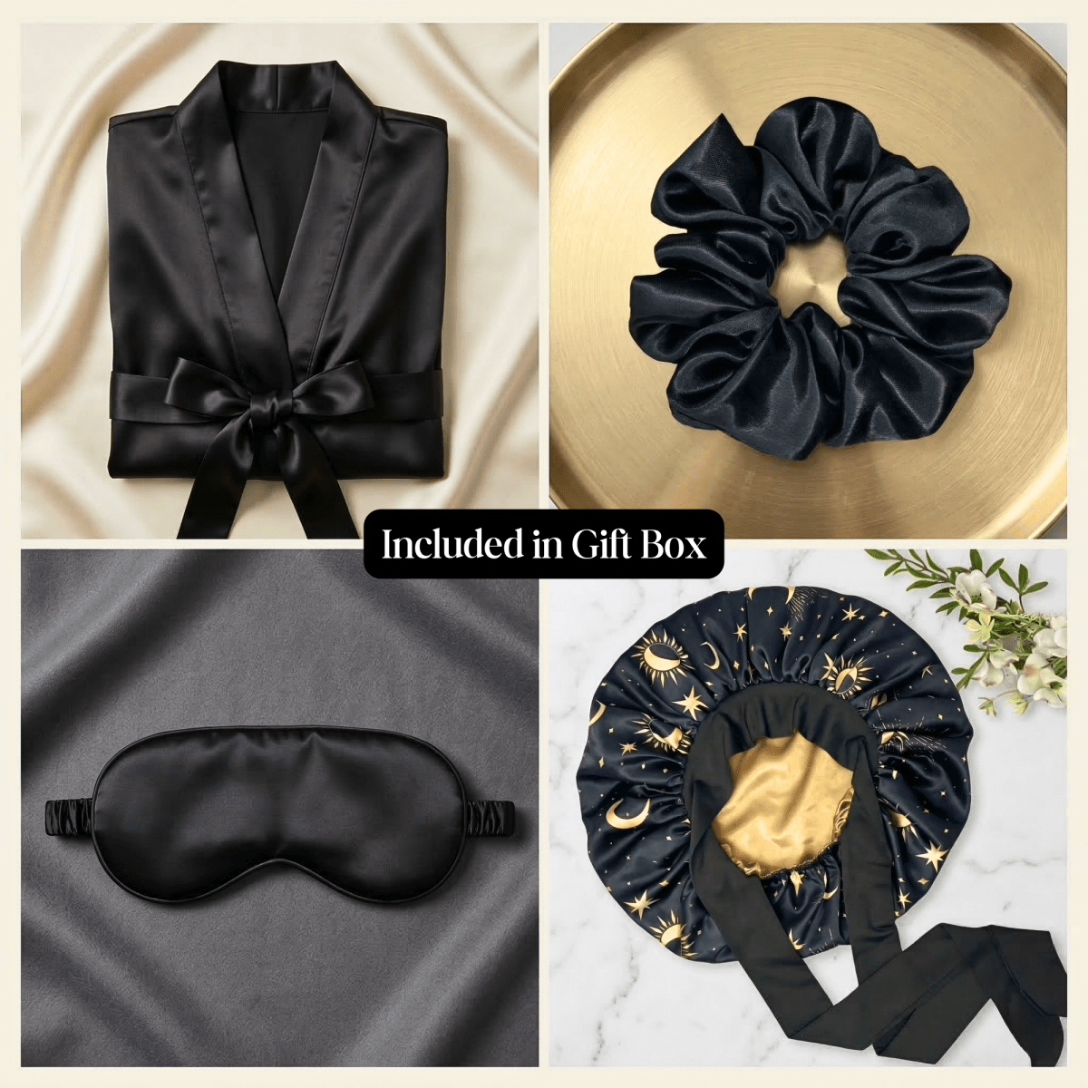 Black Satin Kimono Robe Gift Set with Celestial Print Bonnet, Eye Mask, Scrunchie, Standard & Plus Size, Robe with Pockets - PHC