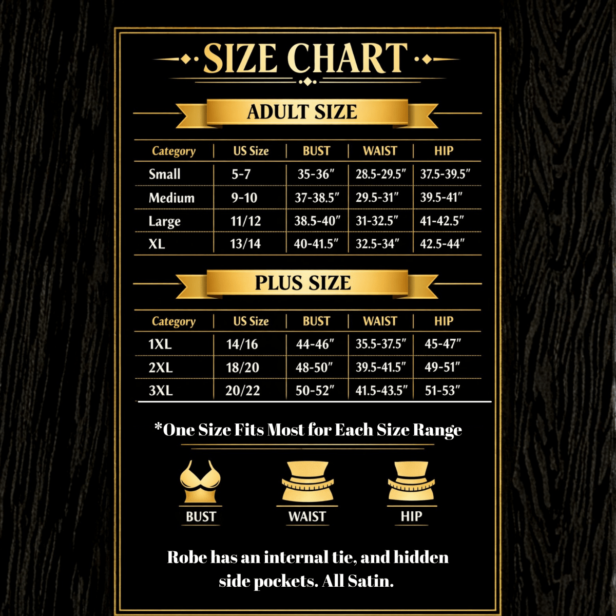 Black Satin Kimono Robe Gift Set with Celestial Print Bonnet, Eye Mask, Scrunchie, Standard & Plus Size, Robe with Pockets - PHC