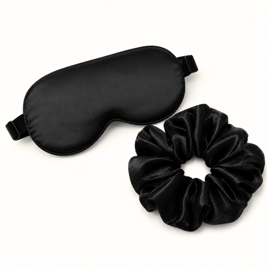 Black satin sleep set add-on with eye mask and oversized scrunchie