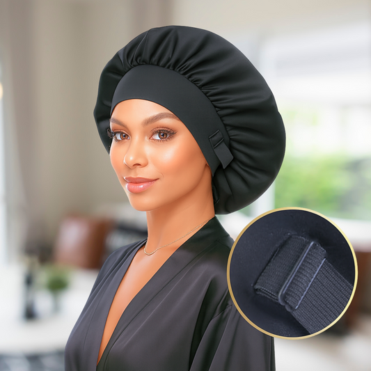 Woman wearing a black satin bonnet with a close-up of the strap detail.