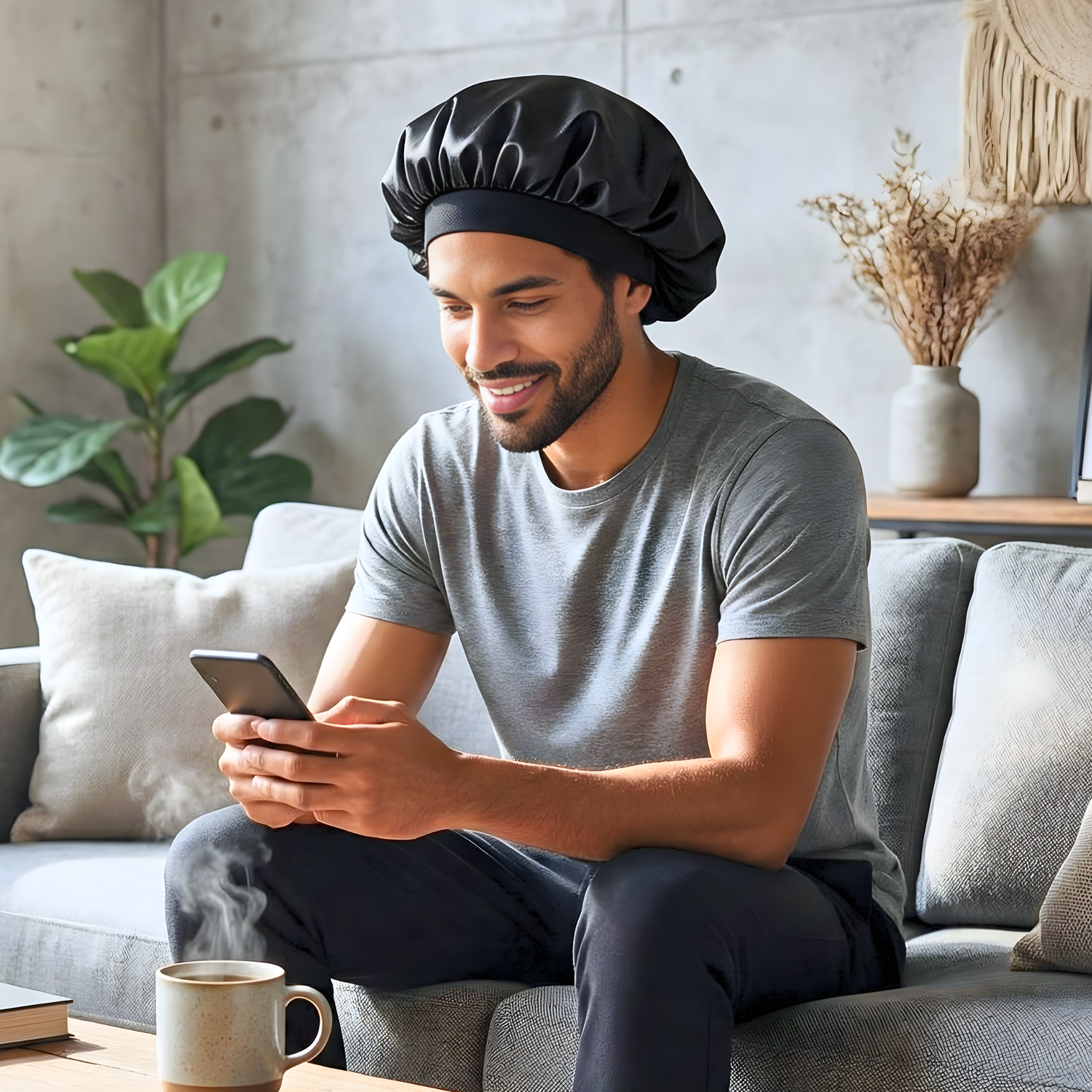 Man sitting on a couch using a smartphone with a steaming cup of coffee nearby