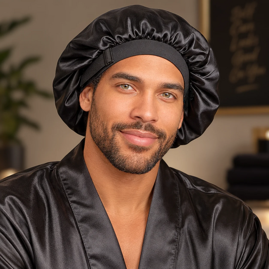 A man wearing a black satin sleep cap and a matching black satin robe, photographed in a softly lit indoor setting.