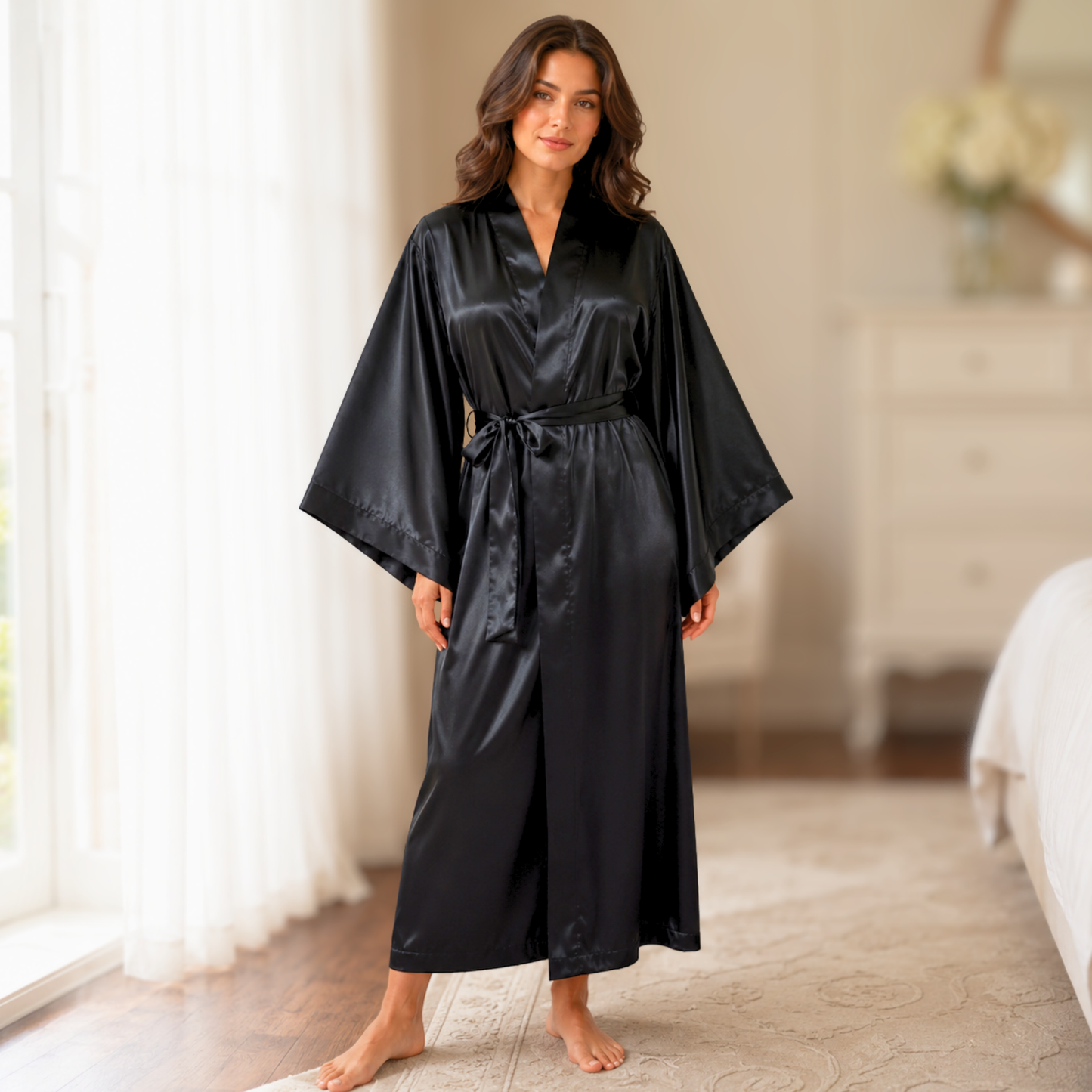 Satin Serenity Batwing Robe | Long Satin Kimono with Pockets