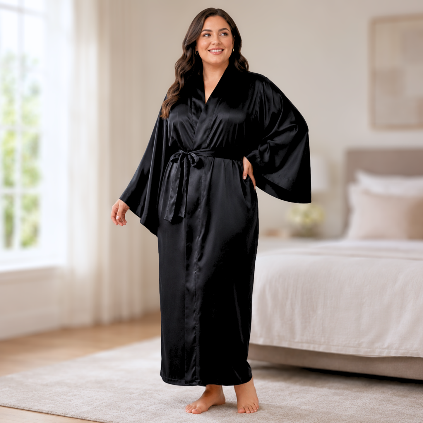 Satin Serenity Batwing Robe | Long Satin Kimono with Pockets