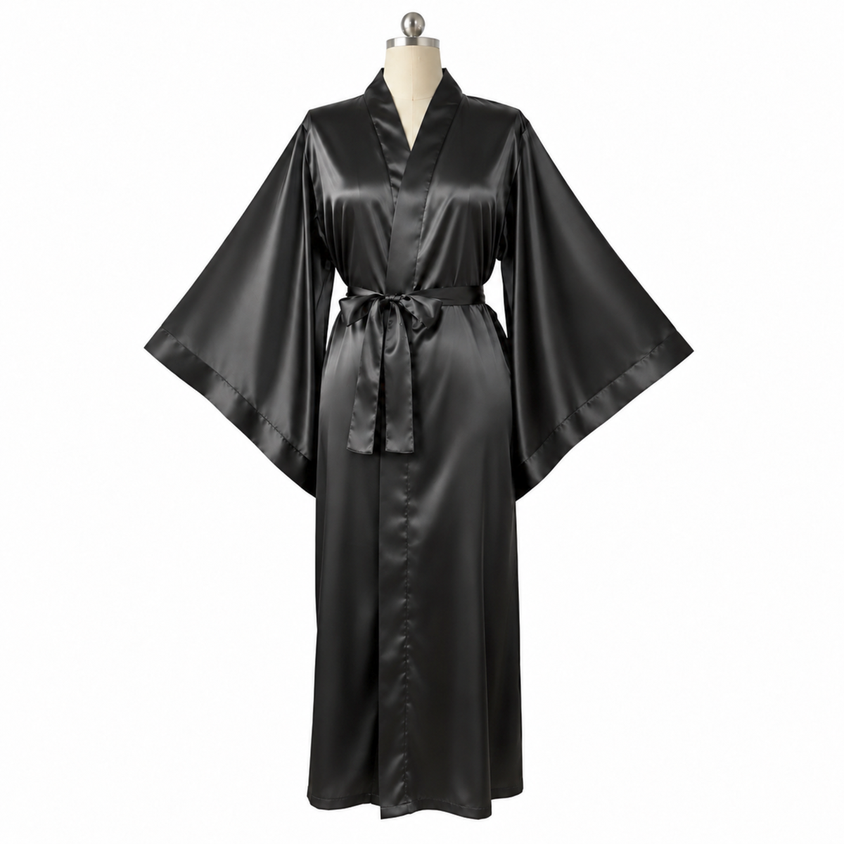 A black satin kimono-style robe with wide sleeves and a self-tie belt, displayed on a mannequin against a plain white background.