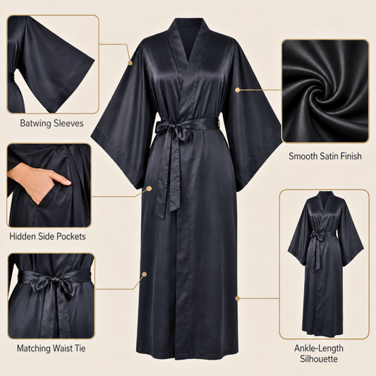 Satin Serenity Batwing Robe | Long Satin Kimono with Pockets