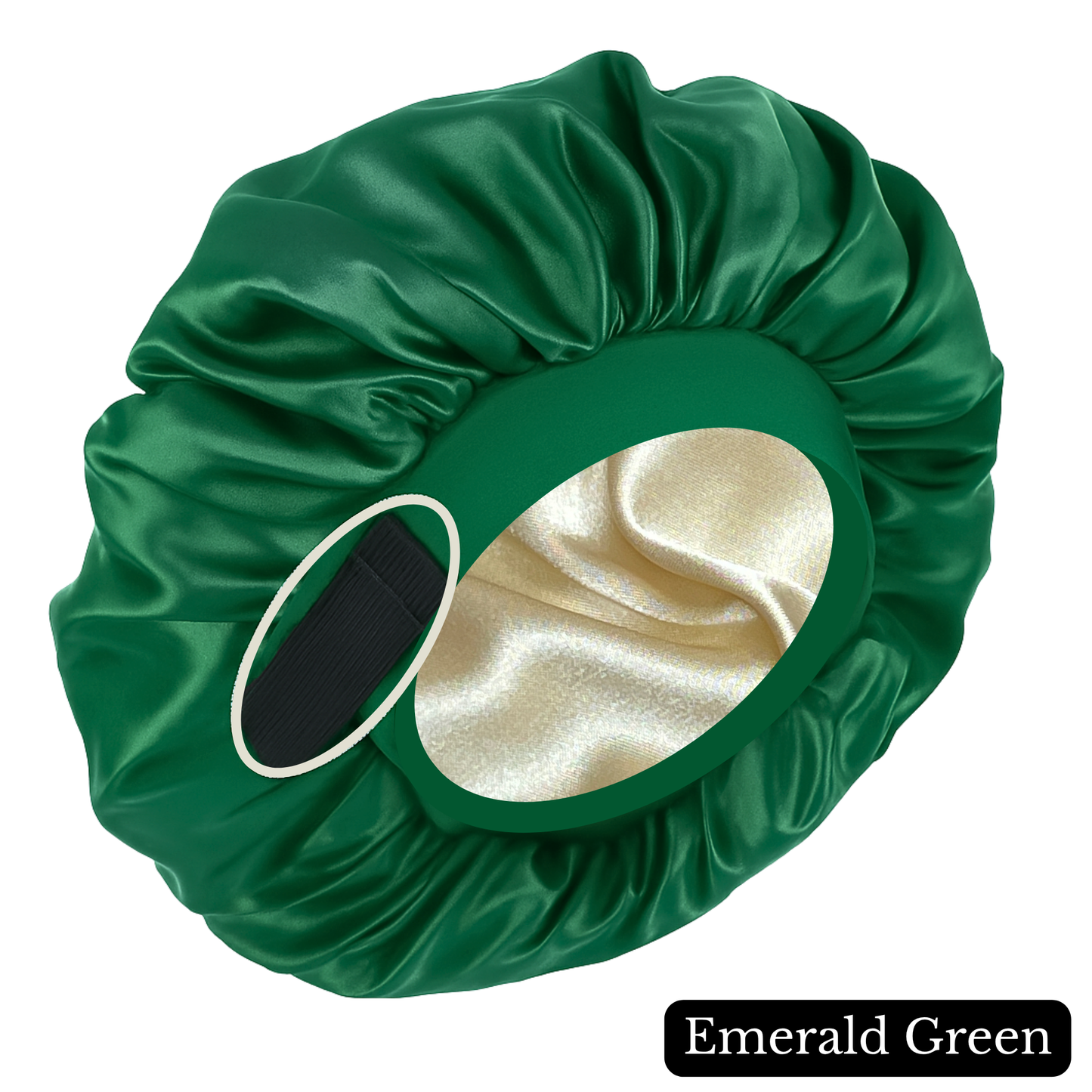 Green satin bonnet with a gold interior on a white background